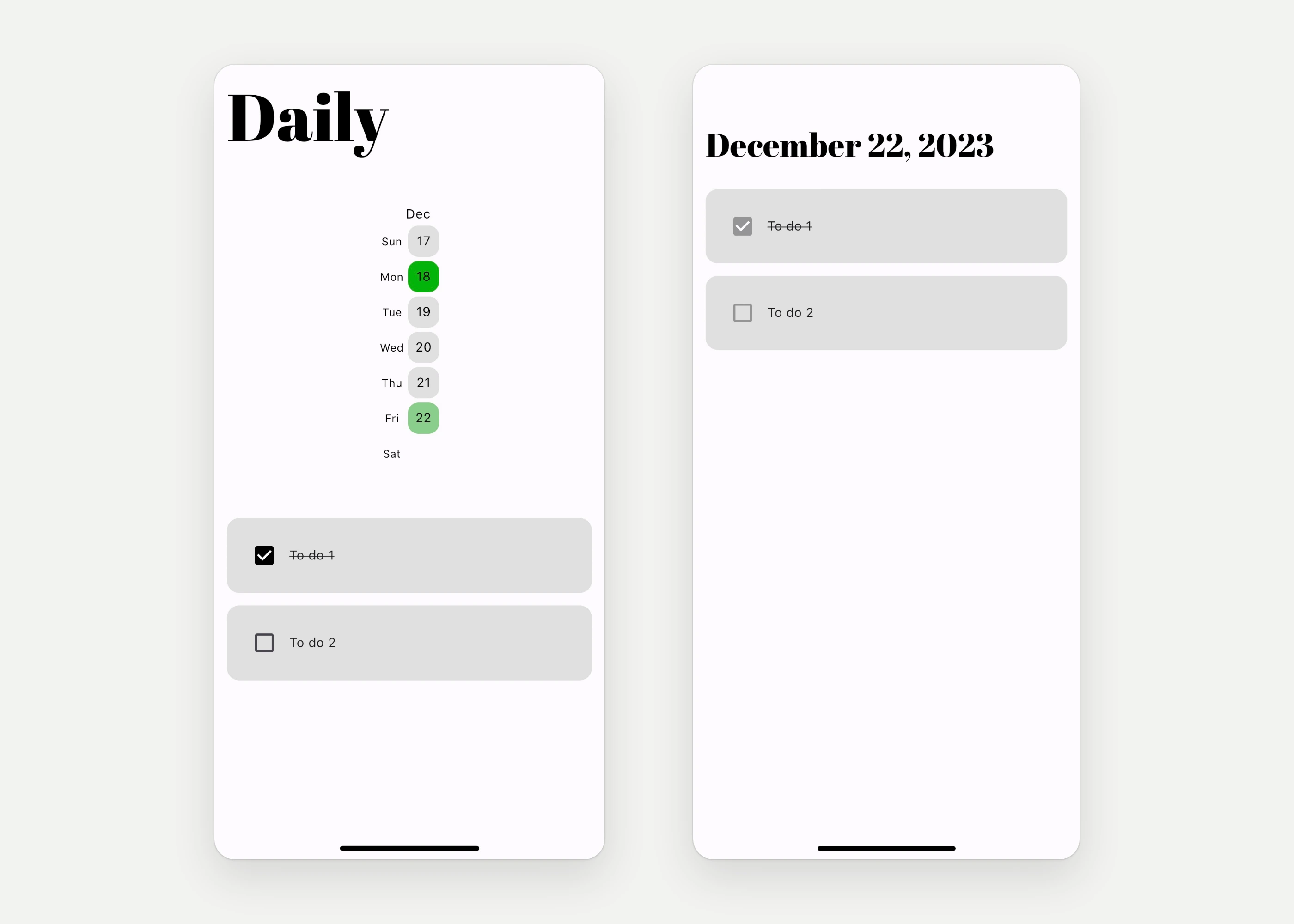 Screenshots from an iOS device showing the heatmap home screen and the task history for a single day.