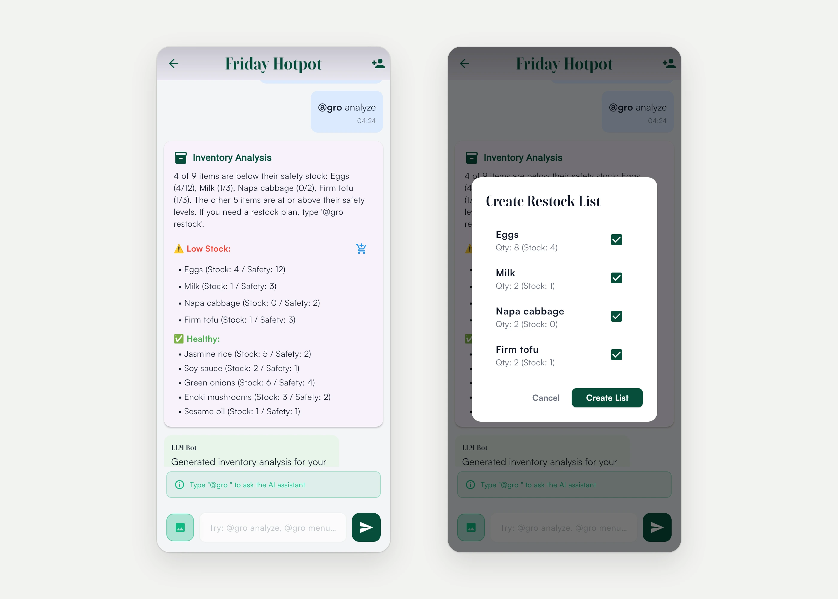 Typing "@gro analyze" in a group chat posts an Inventory Analysis card (low-stock vs. healthy items), and its cart button opens a Create Restock List dialog (sample data; LLM response stubbed locally).