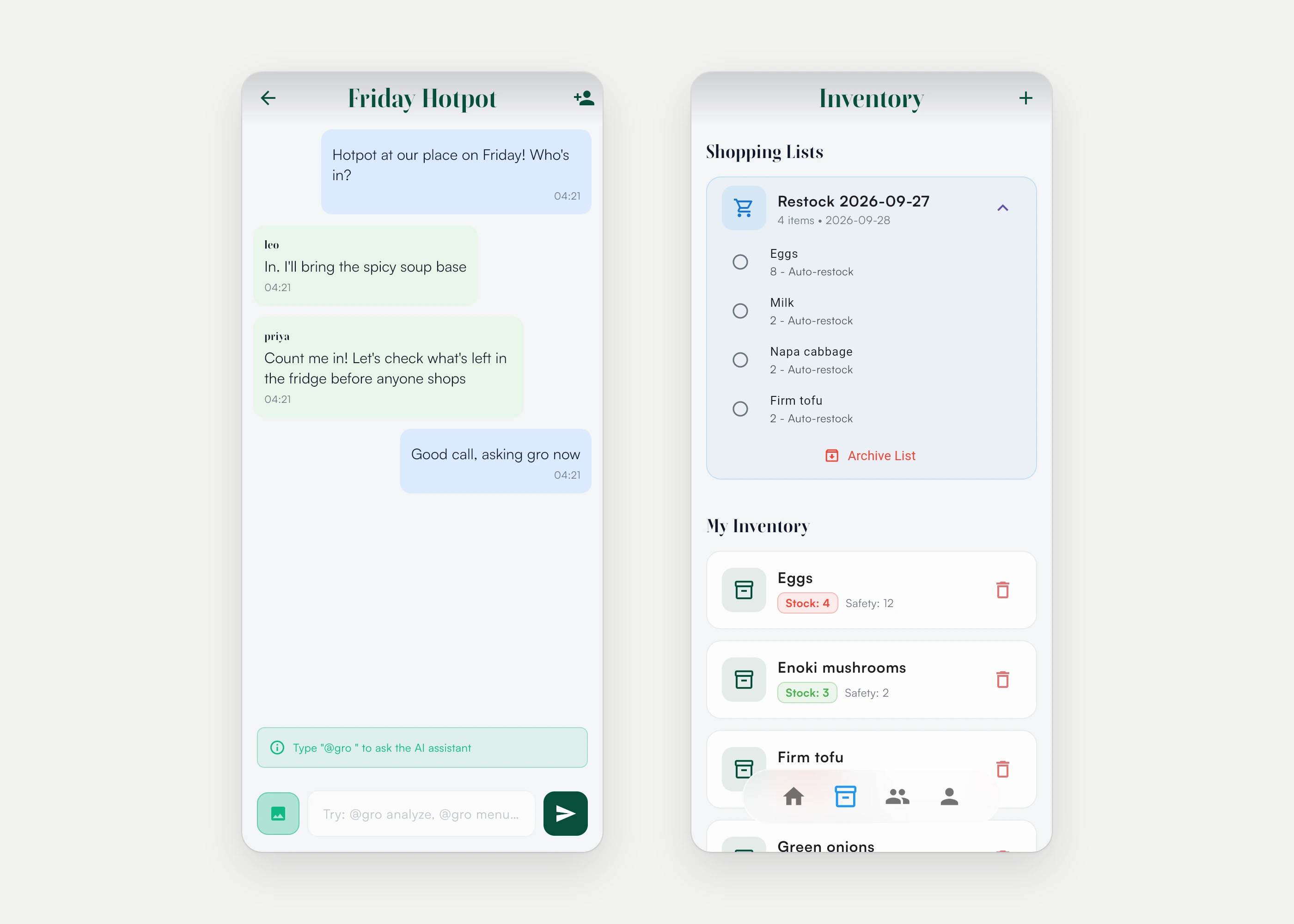 A group chat planning a hotpot night, next to the Inventory page with the saved restock list and each item's stock against its safety level (sample data).