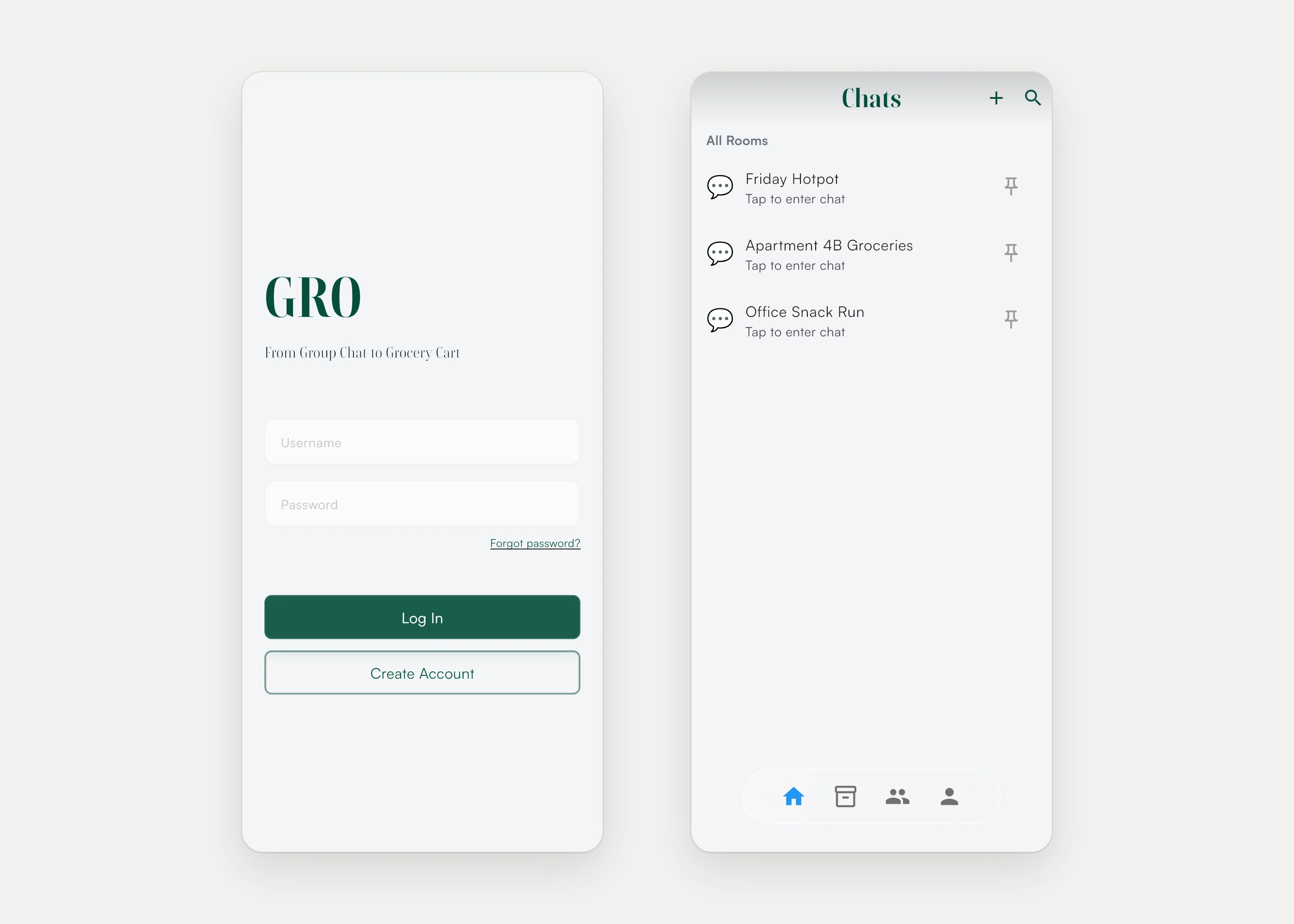 The GRO sign-in screen ("From Group Chat to Grocery Cart") and the list of chat rooms (sample rooms).