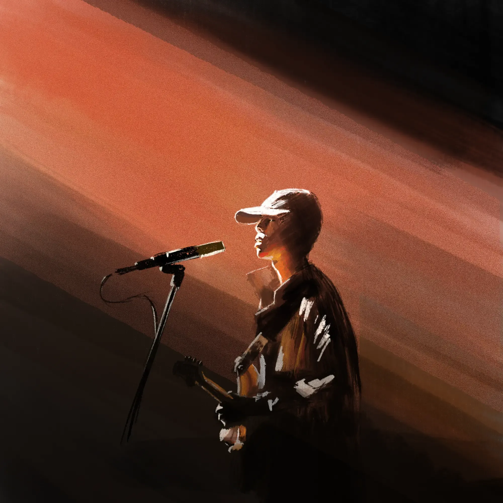 A singer at a microphone, a slanting orange stage light across the face