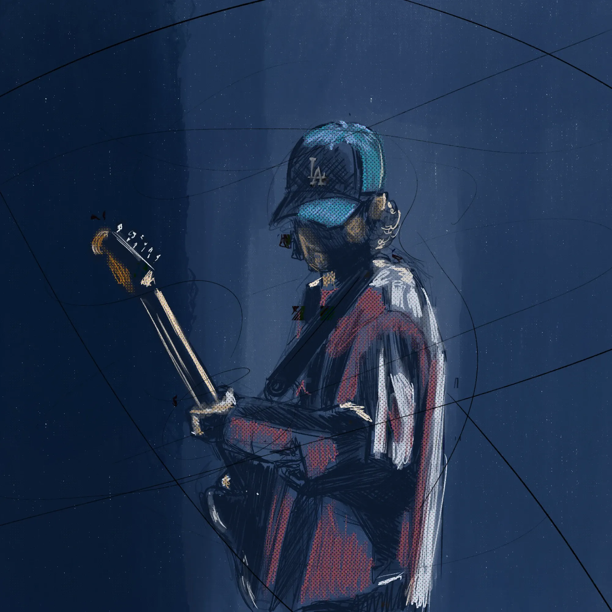 A guitarist in an LA cap looking down at the guitar neck, under blue light