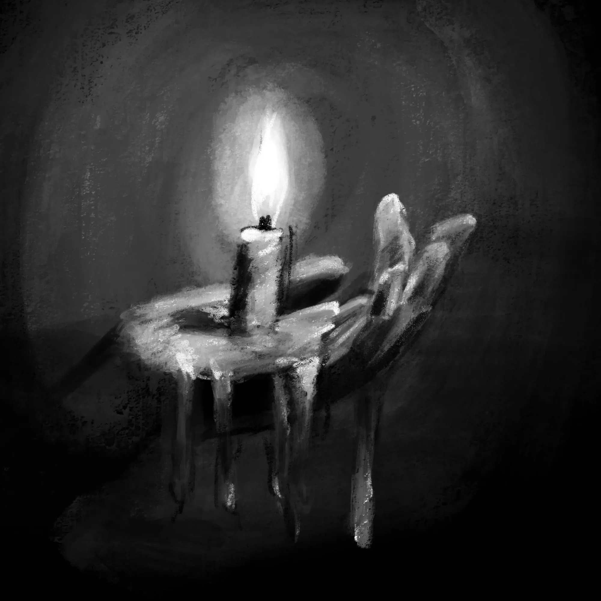 A candle melting in an open hand, lit against the dark