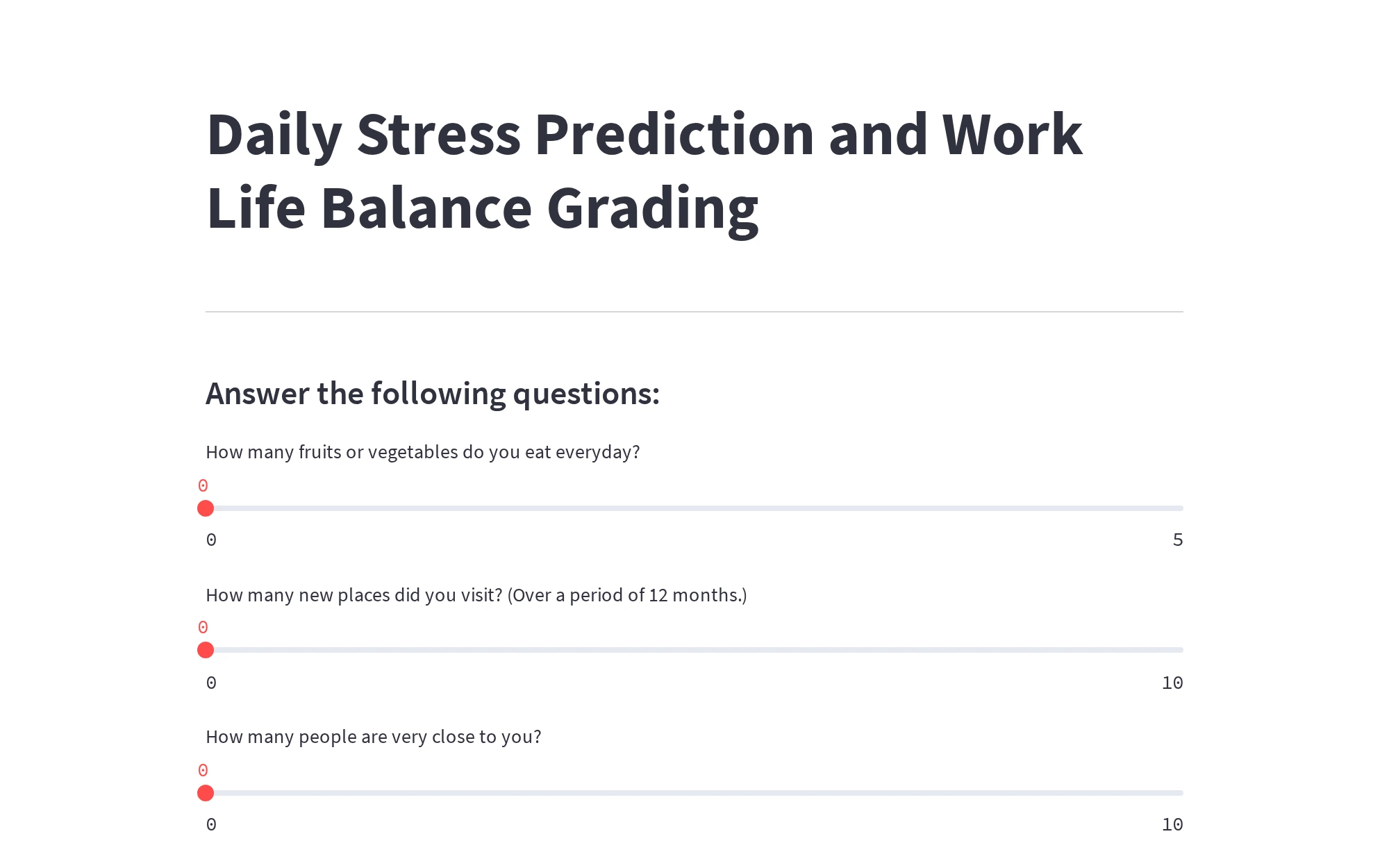The Streamlit questionnaire on first load, with sliders for daily lifestyle and wellbeing habits.