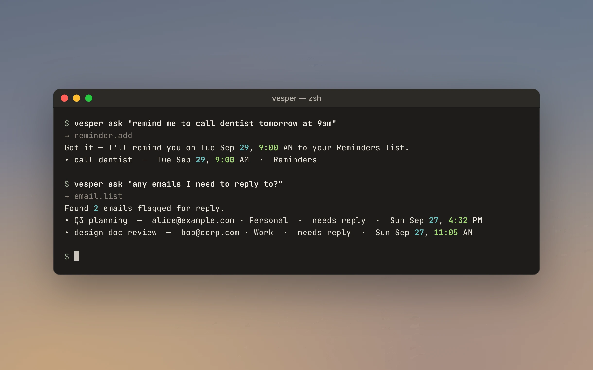 The vesper CLI routing natural-language requests to Reminders and Mail from the terminal.