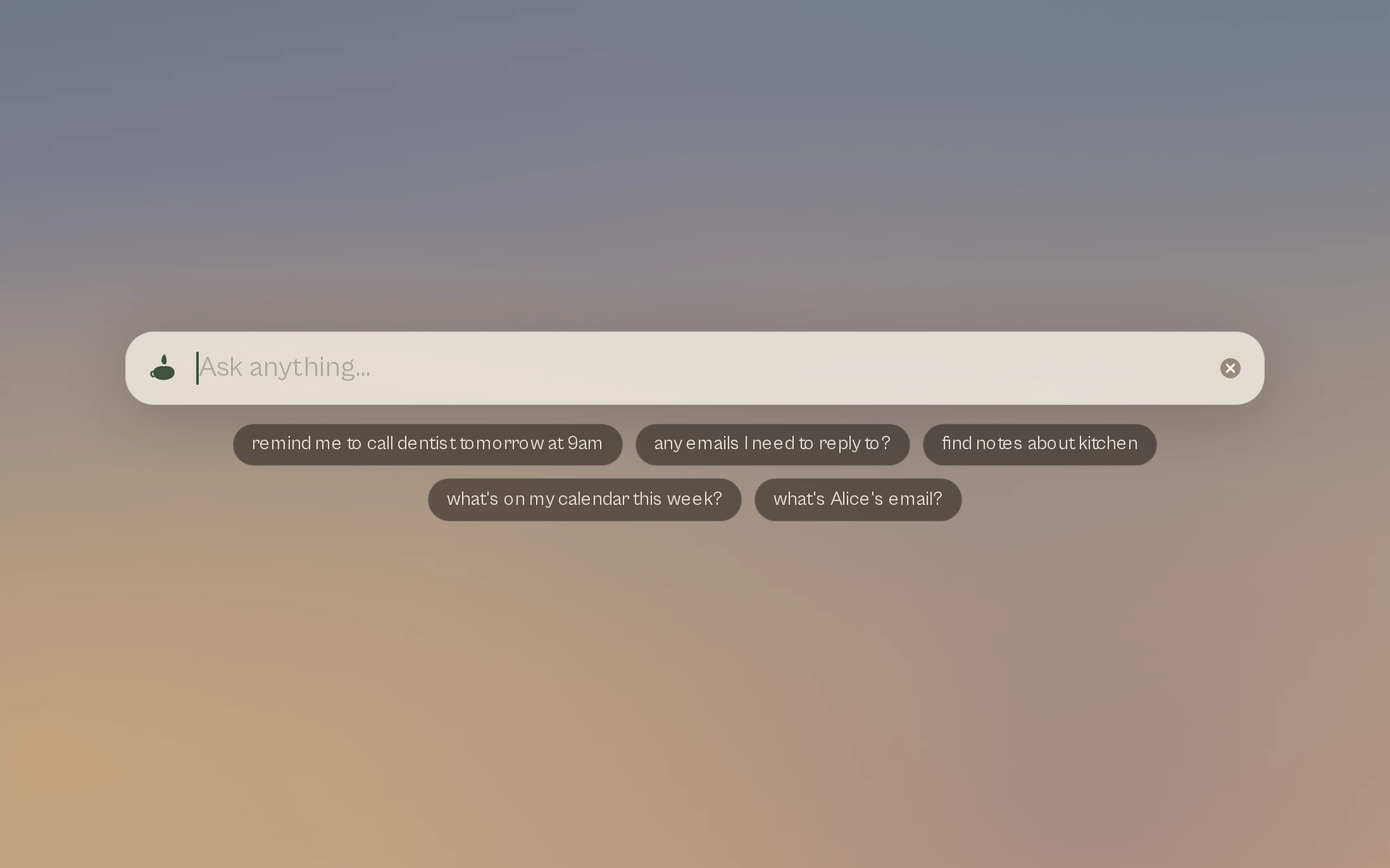 The empty Vesper bar with its built-in starter prompts, floating over the desktop.